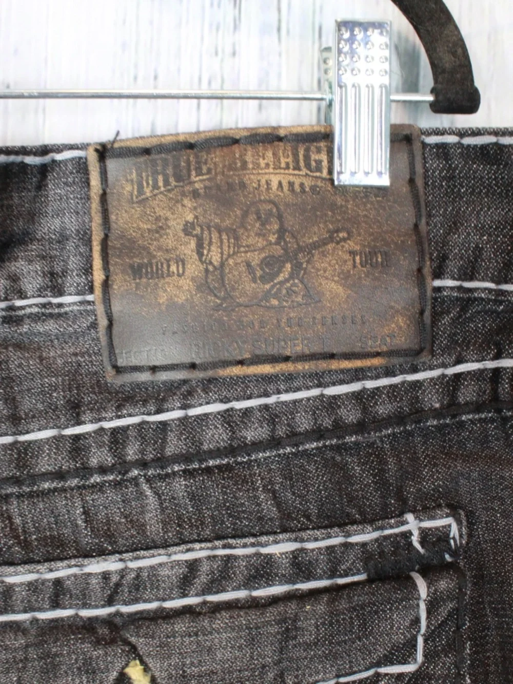 True Religion Ricky Super T Black Grey Jeans Size 42 White Yellow Stitch NWT